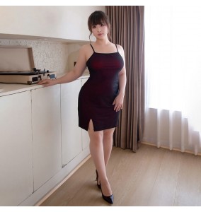 FEE ET MOI - Sexy Slit Spaghetti Strap Dress (Plus Size - Black Red)